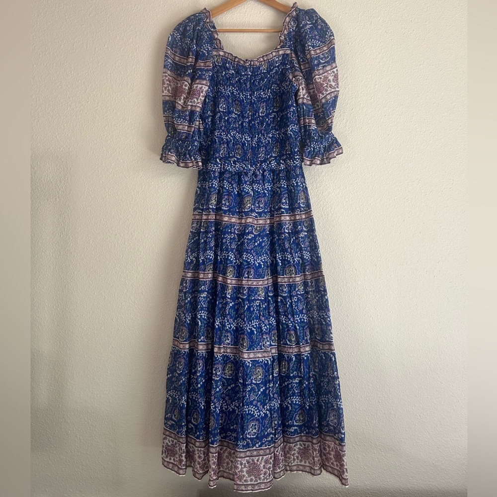 Sea Rosita Smocked Puff-Sleeve Midi-Dress in a blue floral pattern | XS - Picture 5 of 8